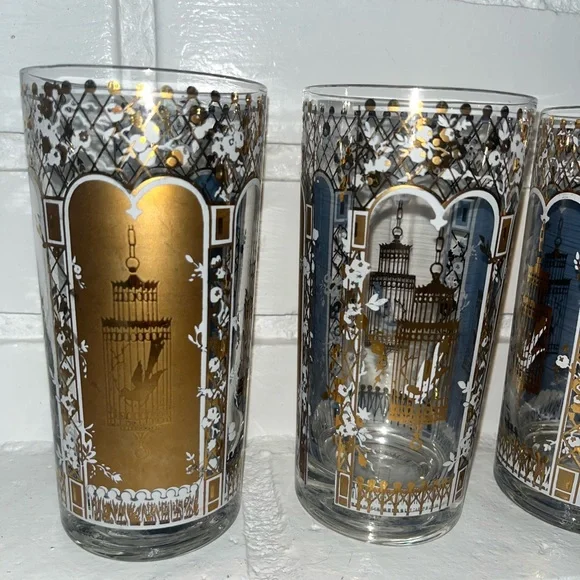 Vintage MCM 22 Karat Gold Rocks Glasses Blue Birdcage Set of 4 Georges Briard - Picture 3 of 14